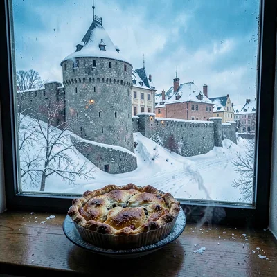 Quebec winter heritage, walled city under snow, Fresh tourtiere pie cooling on a
