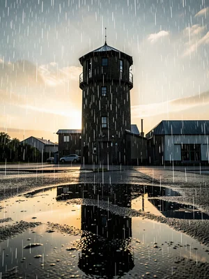 Water tower silhouette merged with rain falling on puddles, double exposure