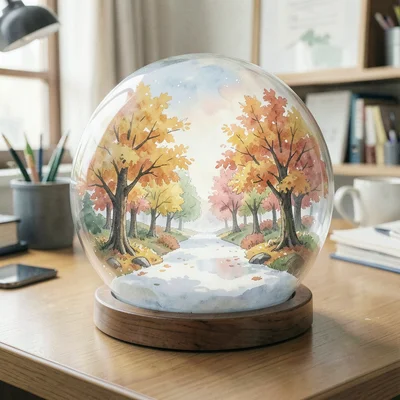 Miniature autumn park in a snow globe that's sitting on office desk