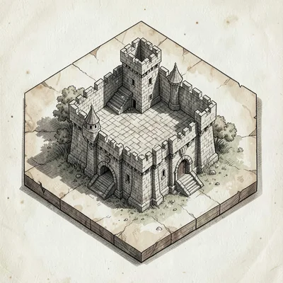 Top-down isometric tile of a fortified keep on a hex base, parchment shading and