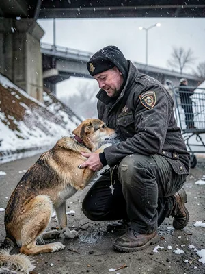 Homeless veteran's dog pressing against him for warmth under a bridge, breath vi