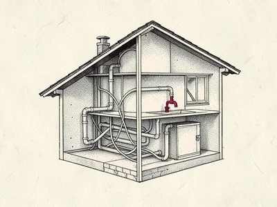 Pen-and-ink cross-section of a small house with all its plumbing visible as a ta