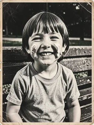 Child with ice cream smear on face, big smile, park bench