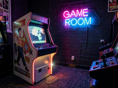 Neon Game Room Sign on Dark Brick Wall