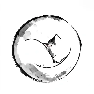 Cat curled into a sleeping circle, one unbroken brushstroke outline