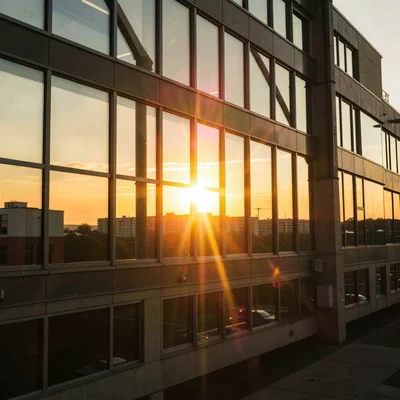 Office building windows reflecting golden sunset light
