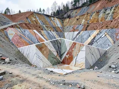 Quarry corner showing three cut planes meeting