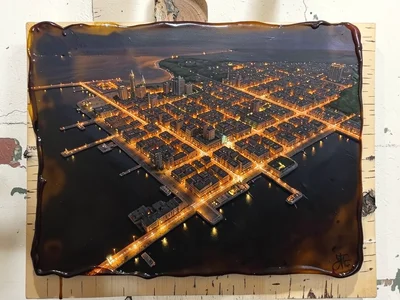 A coastal city at night seen from above with streetlight grids meeting the dark 