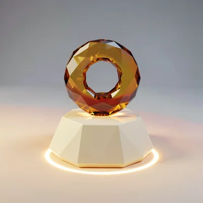 Single amber glass donut perched on a faceted cream stand with a warm caustic ri