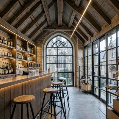 Medieval-modern temporal collision, Ghent layers, Craft beer tap handles in bar 
