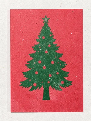 Risograph Christmas card in red and green, tree illustration, registration offse