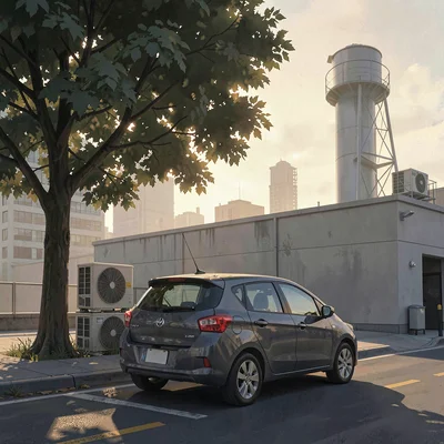 Atmospheric photo of a shared car parked at a city curb under a leafy tree at go
