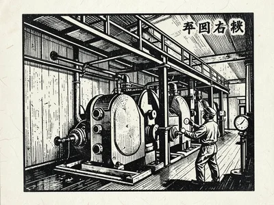 A hydroelectric turbine room — three massive generators in a row, catwalks above