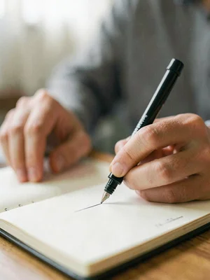 Pen tip touching paper, ink line beginning, fingers and notebook and desk and pe