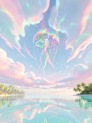 Iridescent jellyfish sculpture suspended in the air above a glassy aqua sea with