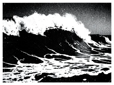 Ocean wave photocopied to pure two-tone: white foam and black water, all gradati
