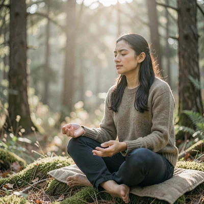 Soft natural light photograph, Person sitting in nature taking moment of mindful