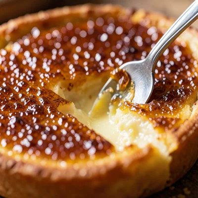 The crackled sugar surface of a crème brûlée, torch-caramelized to amber, a spoo