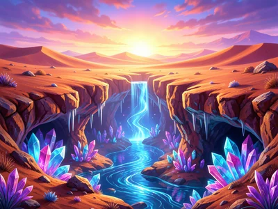Desert surface above, underground river and cave system with crystals below