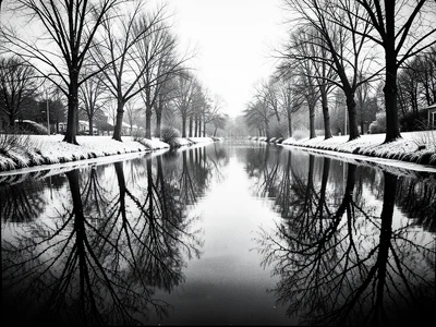 Bare winter trees reflected in a still canal, the reflection as detailed as the 
