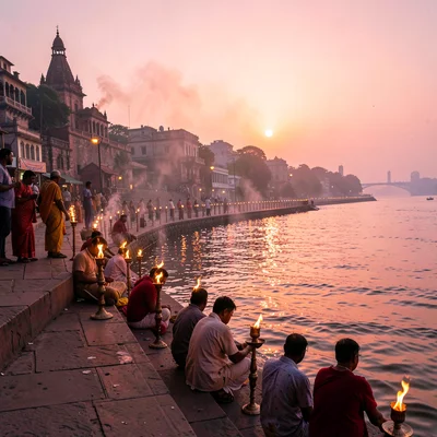 Varanasi ghat dawn, Ganges pink-gold light, row of oil lamps lit along water edg