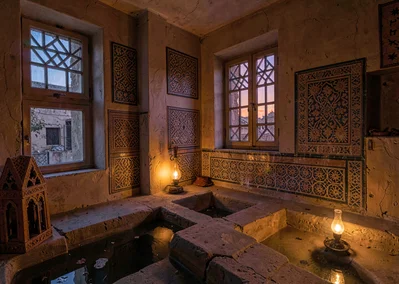 Colored light through qamariya windows in Sana'a, Yemen, evening interior with o