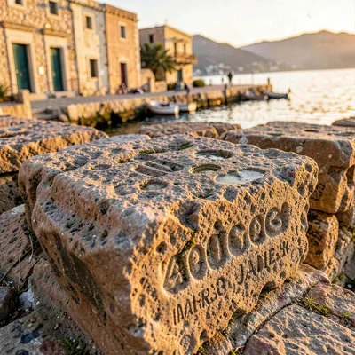 Old Jaffa time-layered, ancient port stone warmth, Close-up of stone showing fos