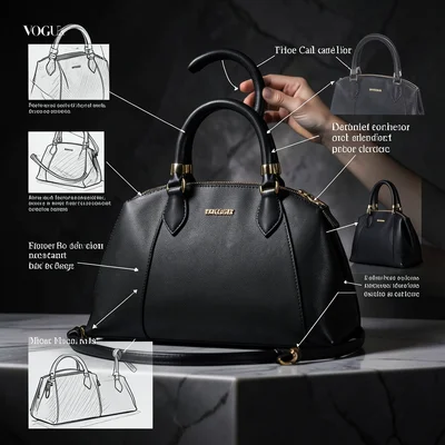 Handbag photo with designer's sketch annotations — material callouts, hardware d