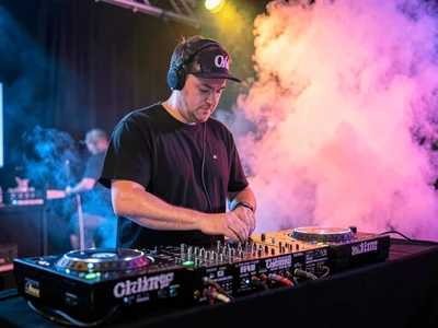 DJ at booth with color wash