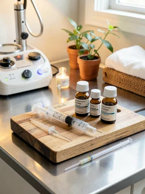 Syringe and vials arranged on wooden cutting board, medical mise en place aesthe