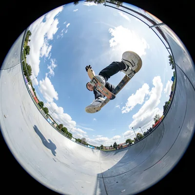 Looking up from lying on halfpipe, skater mid-air overhead, fisheye bending sky 