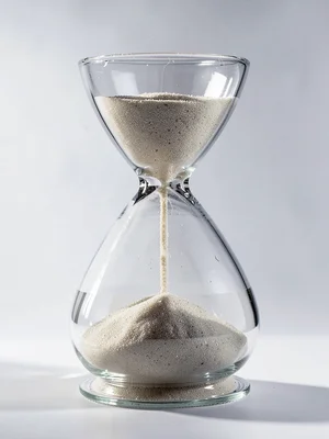 Hourglass with sand mid-flow, time through glass, temporal transparency