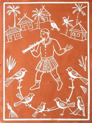 Single figure playing a tarpa flute — circular breath, birds gathering to listen