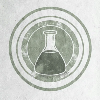Concentric vector rings expanding from a flask-shaped core, muted moss and chalk