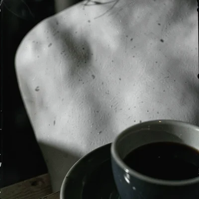 Coffee cup at bottom right corner barely inside frame boundary