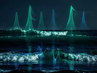 Ocean waves heard as rhythmic blue-green pulse gradients