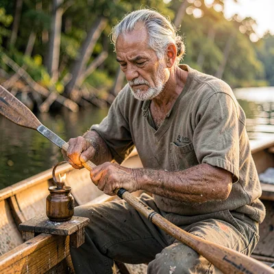 A determined Indigenous canoe-builder in his forties shaping a paddle with a dra
