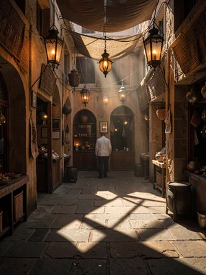 Hanging lanterns creating overlapping shadow geometry on stone floor, one lit wi