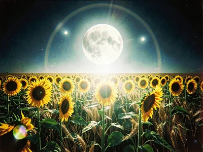 Field of giant sunflowers turning their faces toward a moon that is brighter tha