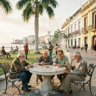 Faded pastel decay of Havana, Cuba, Domino players in park, old men at stone tab