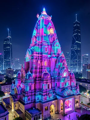 Hindu temple gopuram covered in neon LED lights, futuristic night cityscape