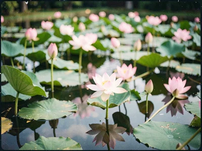 Pond lilies soft with reflections