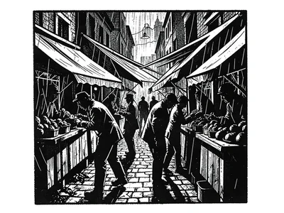 Market stalls in the rain, awnings as slashing lines, figures hunched