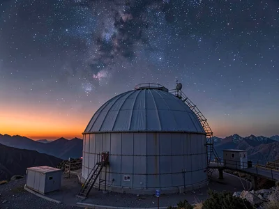 Telescope observatory dome against cosmic twilight gradient