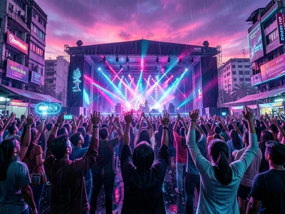 Crowd at outdoor music festival, stage lights, sunset sky, hands raised