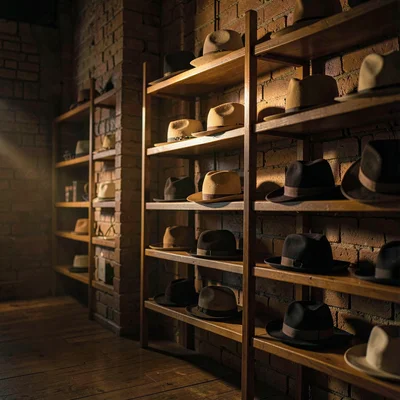 Atmospheric interior of a hat shelf along a brick wall, dim raking light catchin