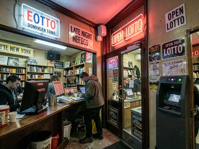 Window neon glow at night, ATM OPEN LOTTO signs, the beacon of late night needs
