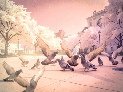 Flock of pigeons taking off from a city plaza captured as cream blurs against a 