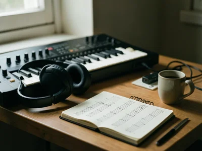 A musician's workspace: headphones draped over a synthesizer, a notebook with ch