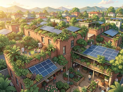 Broad aerial-perspective of a neighborhood block where every roof holds a garden